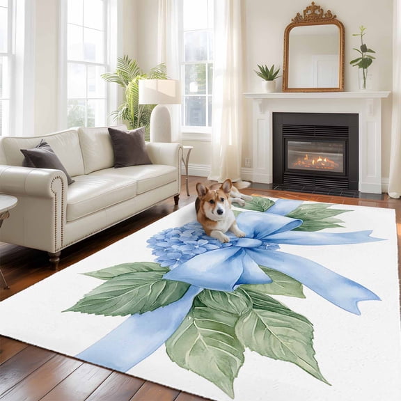 Hydrangea Spring Area Rug 5x8 FT, Non Slip Bedroom Throw Carpet, Idyllic Flower Floral Bow Plant Leaf Washable Soft Floor Carpet Non-Shedding Rug for Living Room Nursery Dorm Office