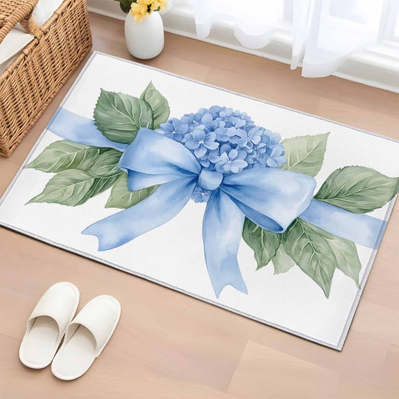 Hydrangea Spring Bathroom Rug Washable 2x3 Entryway Rug Non Slip Idyllic Flower Floral Bow Plant Leaf Front Door Mat Low Pile Indoor Doormat Throw Floor Carpet for Kitchen Bedroom Entrance