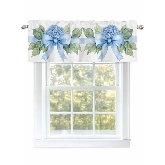 Hydrangea Spring Curtain Valances for Windows, Idyllic Flower Floral Bow Plant Leaf Kitchen Valance Window Treatment, Light Filtering Block Curtains for Bathroom/Bedroom/Living Room 42'' x 12''