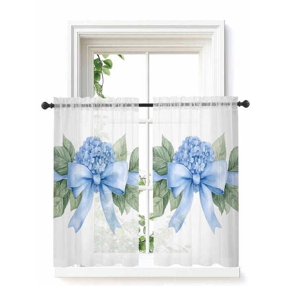 Hydrangea Spring Curtains 45 Inch Length, Sheer Curtains for Bedroom Living Room Window Idyllic Flower Floral Bow Plant Leaf Rod Pocket Drapes Kitchen Curtains Small Half Window 42"x45" 2 Panels