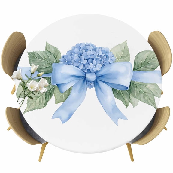 Hydrangea Spring Round Tablecloth 36-44 Inch Round Fitted Table Cloth with Elastic Edge, Idyllic Flower Floral Bow Plant Leaf Waterproof Table Cover Protector for Outdoor Picnic Party Dining