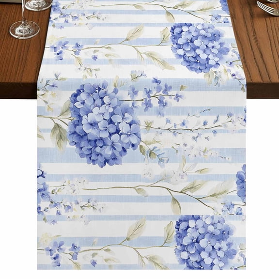 Hydrangea Striped 36 Inch Table Runner, Vintage Floral Botanical Farmhouse Dresser Scarf Cotton & Linen Tablerunner for Dining/Kitchen Island/Holiday Party Décor Small 13" x 36"
