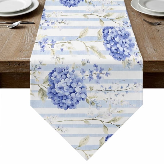 Hydrangea Striped Table Runner Linen Burlap Table Runner 70 Inches Long Vintage Floral Botanical Dresser Scarves for Kitchen Island Coffee Dining Room Party Wedding Banquet Holiday Decoration 13"x70"