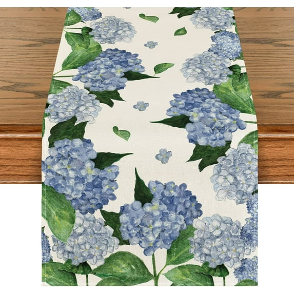 Hydrangea Table Runner, Spring Summer Seasonal Kitchen Dining Table Decoration for Indoor Outdoor Home Party Decor 13 x 72 Inch