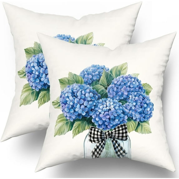 Hydrangea Throw Pillow Cover 16x16inch Set of 2 Spring Blue Floral Mason Jar Pillowcase Natural Flower Plant Farmhouse Cotton Cushion Case for Sofa Couch Home Patio
