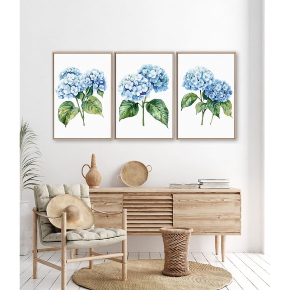 Hydrangea Triptych Wall Art Classic Floral Set Blue Botanical Canvas Set 3