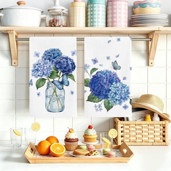 Hydrangea Vase Butterfly Kitchen Towels Set of 2, 26 x18 inch Absorbent Polyester Dish Towels for Spring Summer Farmhouse Kitchen Decor & Gifting