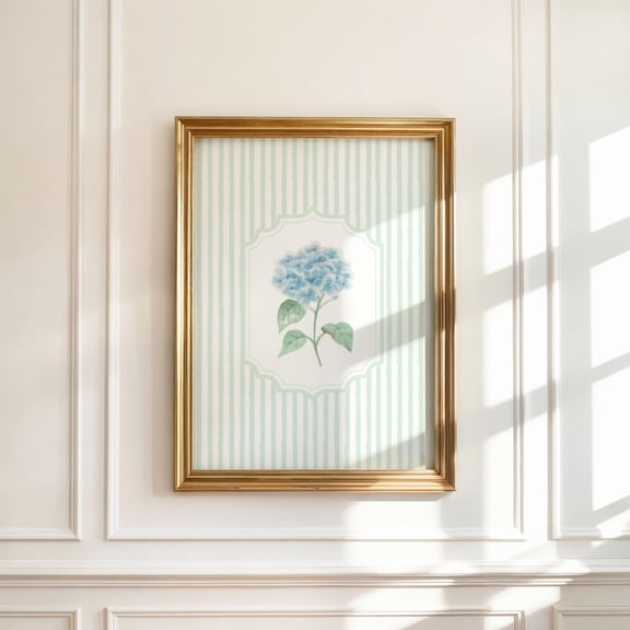 Hydrangea Wall Art, Green Stripe Floral Print, Botanical Garden Decor, Blue Hydrangea, Cottagecore Flower Poster Wall Art, Modern Wall Decor, 12x18 UNFRAMED