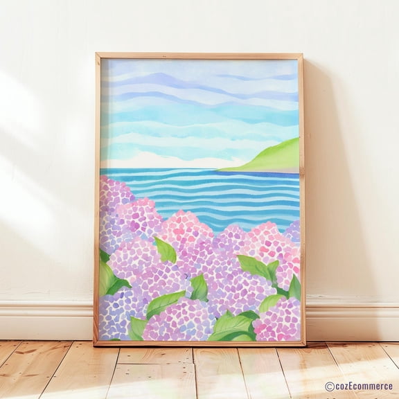Hydrangea Wall Art, Pastel East Coast Summer Poster, Colorful Nantucket And Cape Cod Beach Poster, Girly Apartment Decor, Unframed Poster Size 24x36