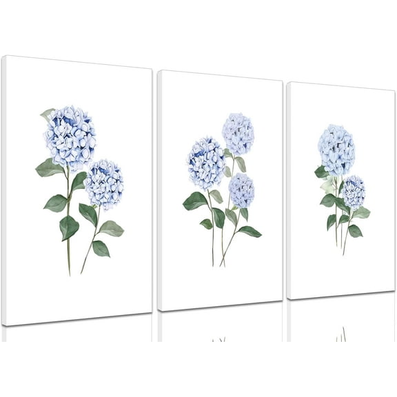 Hydrangea Wall Art Set of 3, Blue Floral Canvas Posters Print Picture, Blue Watercolor Botanical Wall Decor, Modern Minimalist Botanical Room Decor, for Living Bedroom Gallery Decor 12x16in Und