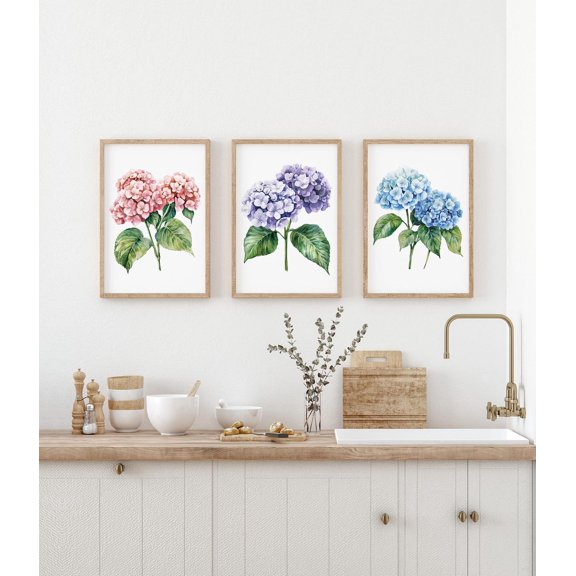 Hydrangea Wall Art Set Pink Blue Purple Floral Triptych Set 3