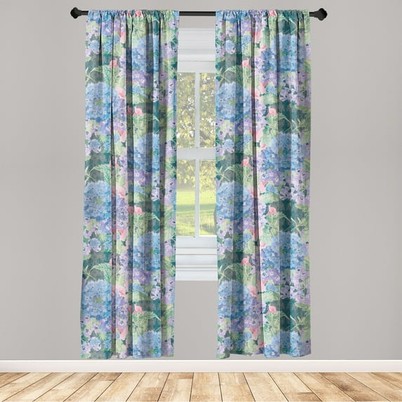 Hydrangea Window Curtains, Grunge Aquarelle Flowers with Leaves Greenery on Jungle Colors Back, Lightweight Decor 2-Panel Set with Rod Pocket, Pair of - 28"x63", Pale Lilac Lavender Blue, by Ambesonne