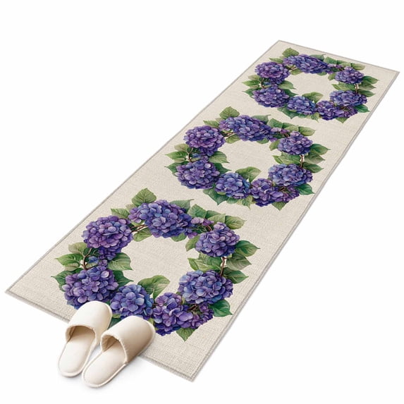 Hydrangea Wreath Area Rug 2x6ft Spring Purple Flowers Non-Slip Washable Square Rugs Soft Felt Indoor Floor Mat for Bedroom Kitchen Living Room Bathroom