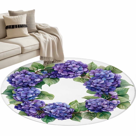 Hydrangea Wreath Round Area Rug 3ft Spring Purple Flowers Non-Slip Washable Circle Rugs Soft Felt Indoor Floor Mat for Bedroom Kitchen Living Room Bathroom