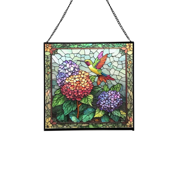 Hydrangea and Hummingbirds Stained Glass Panels Window Hangings Tiffany Glass Traditional Art Crafts for Home Decor Gifts Square design, 8in 74OR14