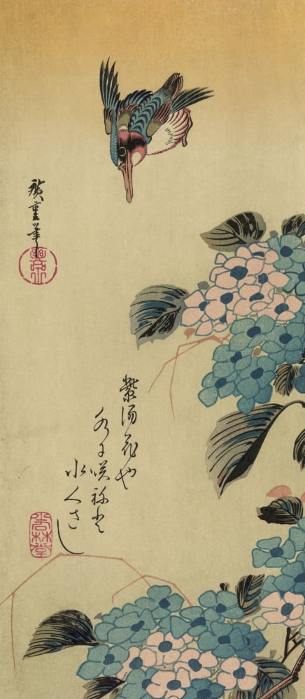 Hydrangea and Kingfisher 1830-1858 Canvas Art - Ando Hiroshige (24 x 36)