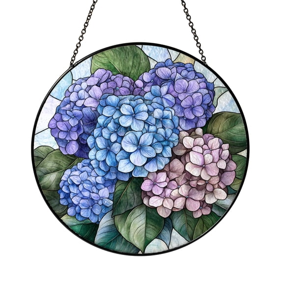 Hydrangea floral glass window art, charming blue bloom decoration for home or garden spaces