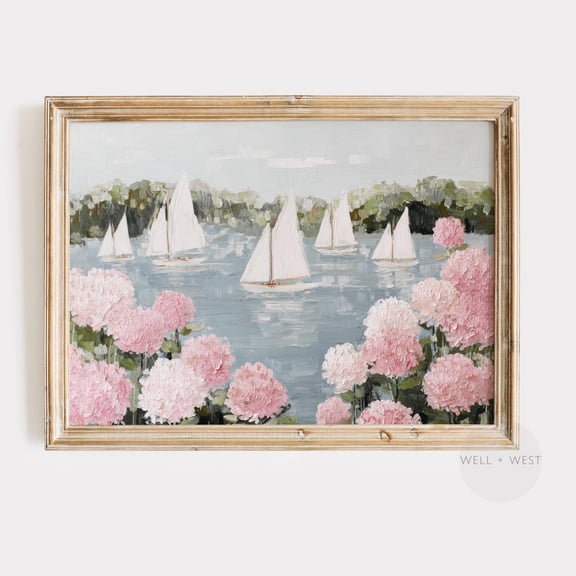 Hydrangeas And Sailboat Coastal Wall Art Print, Unframed Paper Poster 8x10in