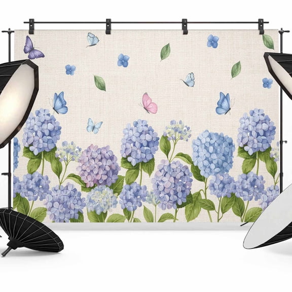 Hydrangeas Backdrop for Photography, Fabric Photo Background Backdrop, Purple Floral Butterfly Leaves Beige Photo Booth Background for Portrait Photoshoot Video Wedding Studio Decoration Banner 7x5ft