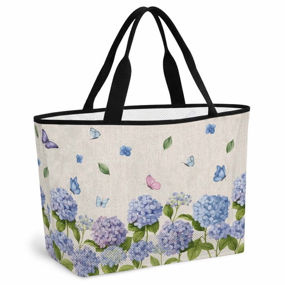 Hydrangeas Beach Bag for Women, Large Breathable Mesh Beach Tote Bag, Purple Floral Butterfly Leaves Beige Sandproof Lightweight Travel Bags for Vacation Picnic Swimming Pool 15.7"x15.7"x9.1"