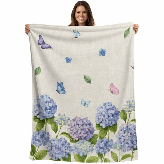 Hydrangeas Blanket Soft Cozy Warm Throw Blanket for Couch, Plush Fuzzy Flannel Fleece Blankets for Sofa, Purple Floral Butterfly Leaves Beige Bed Blankets Lightweight Gifts for Women, 30"x40"