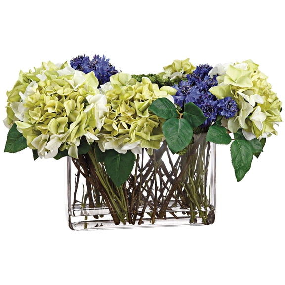 Hydrangeas, Cornflower and Sedum 21" Wide Faux Flowers Vase