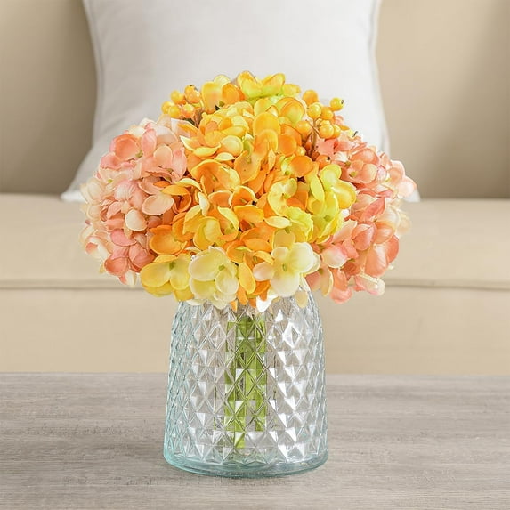 Hydrangeas Floral Arrangement in Glass Vase, Fake Flowers Silk Hydrangea Artificial Flowers with Vase for Home Office Decoration, Dining Table Centerpiece