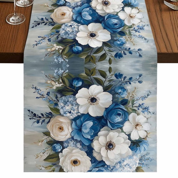 Hydrangeas Flower 120 Inch Table Runner, Blue White Floral Country Oil Painting Farmhouse Dresser Scarf Cotton & Linen Tablerunner for Dining/Kitchen Island/Holiday Party Décor 13" x 120"