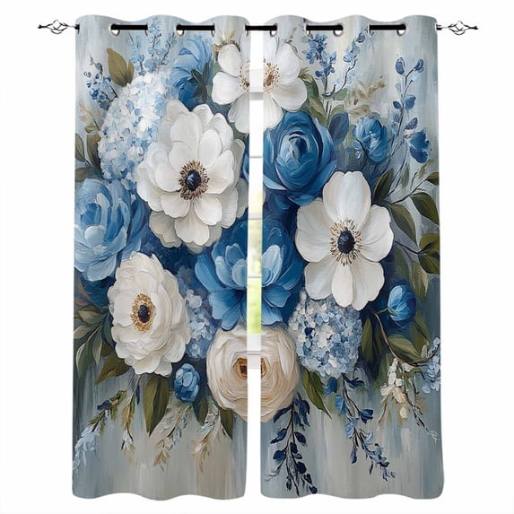Hydrangeas Flower Kitchen Curtains Blue White Floral Country Oil Painting Cafe Short Curtains for Bathroom Blackout Window Curtain Small Window Treatment Drapes for Bedroom Living Room 42"x45"x2