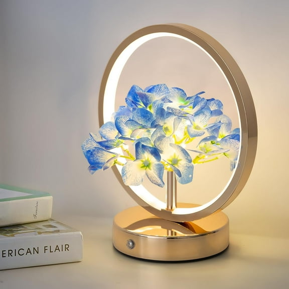 Hydrangeas Flower Touch Lamp - Rechargeable, Cordless, 3 Way Dimmable, Perfect for Bedroom, Living Room & Office Decor - Blue