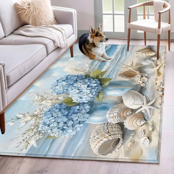 Hydrangeas Flowers Area Rug 4x6 Washable Rug Non Slip Coastal Seaside Starfish Summer Large Area Rug Indoor Floor Carpet for Entryway Bedroom Kitchen Living Room Home Office Dining Room Nursery