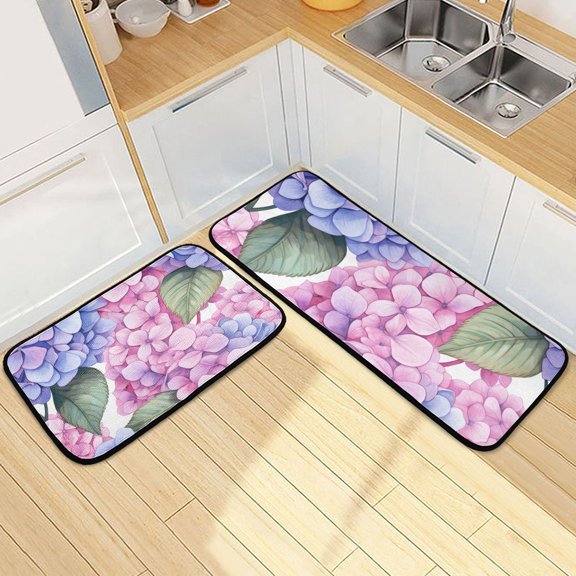 Hydrangeas Flowers Kitchen Rugs Set of 2 Non Slip Floor Foam Mat Cushioned Soft Waterproof Carpet Runner for Dining Room Laundry
