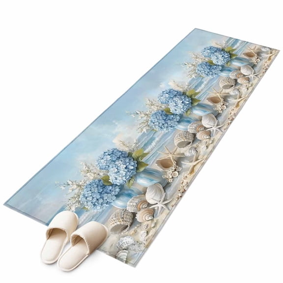 Hydrangeas Flowers Runner Rug 2x6 Washable Kitchen Rug Non-Slip Lightweight Thin Soft Low Pile Bathroom Runner Coastal Seaside Starfish Summer Carpet for Hallway Laundry Room Bedroom Entryway