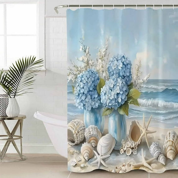 Hydrangeas Flowers Shower Curtain Set, Waterproof Shower Curtains for Bathroom, Coastal Seaside Starfish Summer Washable Fabric Cloth Bath Curtain for Bathtub Decoration with Hooks 48x72 Inches