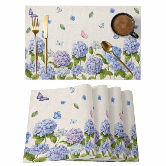 Hydrangeas Placemats Set of 4, Purple Floral Butterfly Leaves Beige Placemats for Dining Table, Place Mats for Kitchen Tabletop, Waterproof Wipeable Dining Table Mats Set