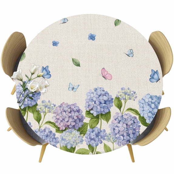 Hydrangeas Round Tablecloth, Fitted Table Cover with Elastic for 55"-60" Round Tables, Purple Floral Butterfly Leaves Beige Table Cloth Outdoor Indoor Dinning Party Waterproof Tablecloths