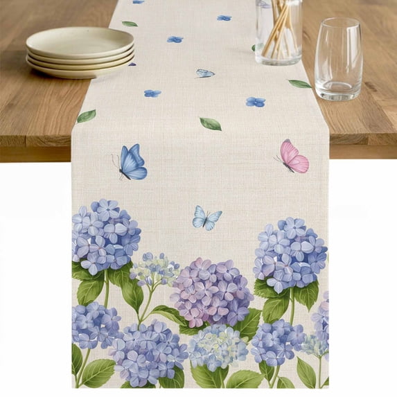 Hydrangeas Table Runner 90 Inches Long Farmhouse Dress Scarves, Purple Floral Butterfly Leaves Beige Dining Tablerunner for Coffee Table/Kitchen Island/Party Décor, 13" x 90"