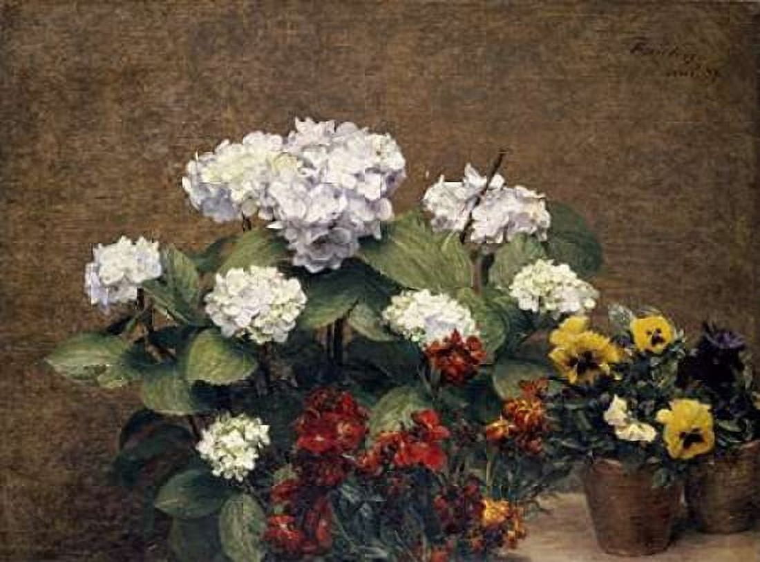 Hydrangeas Wallflowers and Two Pots of Pansies Canvas Art - Henri Fantin-Latour (18 x 24)