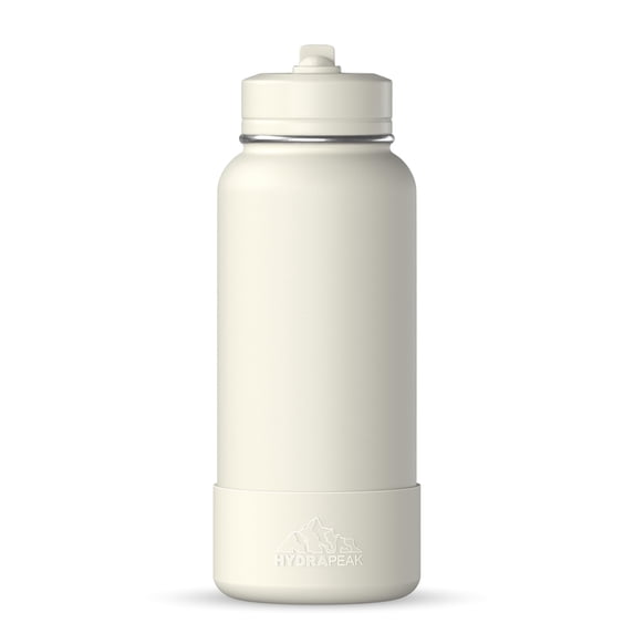 Hydrapeak 32oz Sport Insulated Water Bottle with Straw or Chug Lid, Leak & Spill Proof, Keeps Drinks Cold for 24 Hours, Hot for 12 Hours, Premium Stainless Steel Water Bottles (32oz, Ivory)