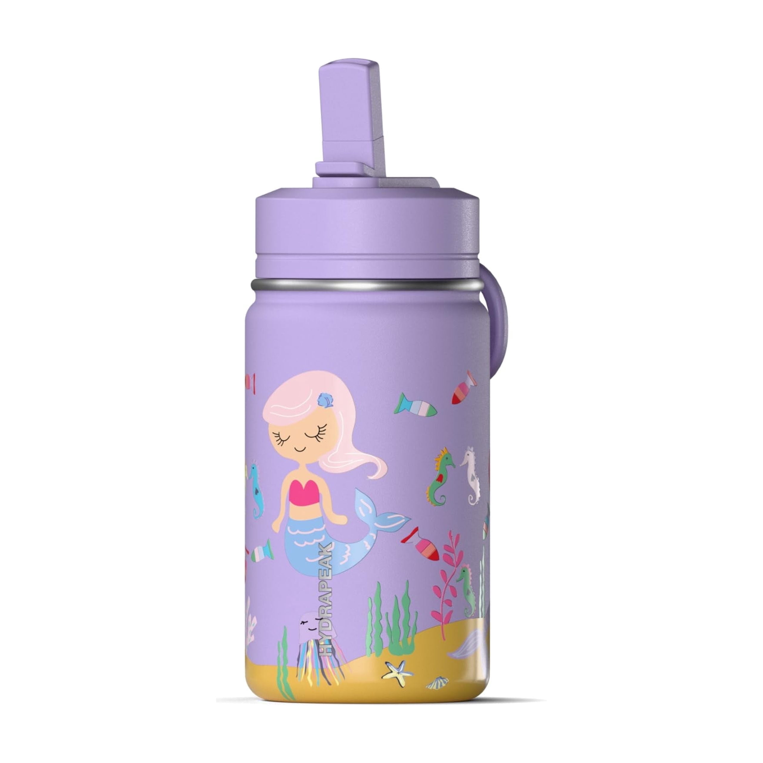 Hydrapeak Mini 14oz Fun Sticker Print Water Bottle with Straw Lid, Stainless Steel Double Wall Insulated Water Bottle, Leak-Proof and Spill-Proof Water Bottle, Sandmaid
