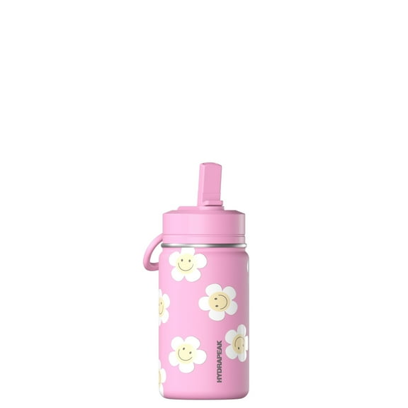Hydrapeak Mini 14oz Fun Sticker Print Water Bottle with Straw Lid, Stainless Steel Double Wall Insulated Water Bottle, Leak-Proof and Spill-Proof Water Bottle, Smile Grid-Bubblegum