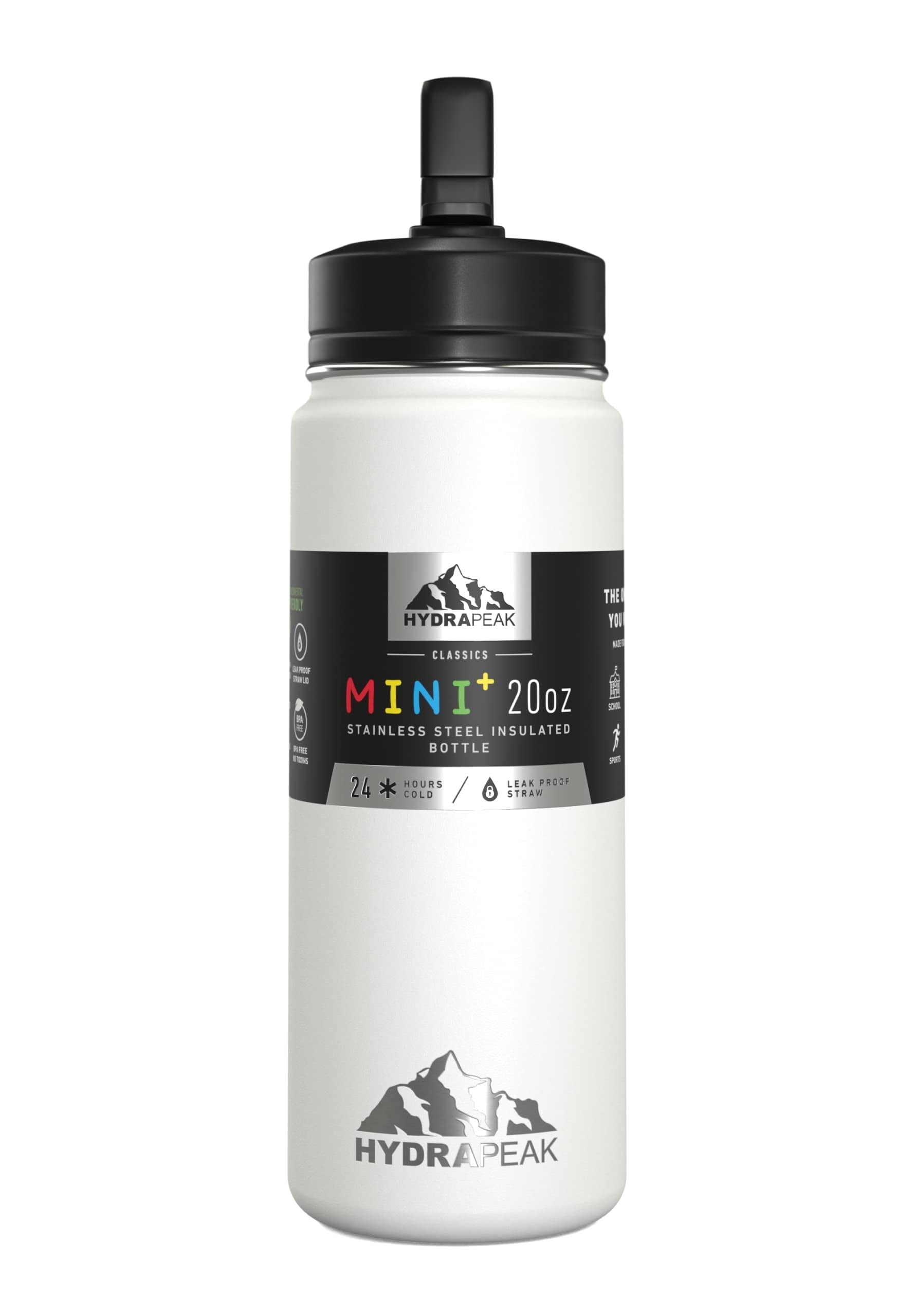 Hydrapeak Mini 20oz Kids Water Bottle with Straw Lid, Stainless Steel Double Wall Insulated Water Bottle for Kids | Leak-Proof and Spill-Proof Kids Water Bottle for School, Cold for 24 Hours (White)