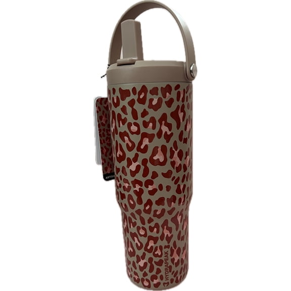 Hydrapeak Nomad 32 oz Artisan Collection Tumbler - Almond with Burgundy Leopard Spots, Handle & Straw Lid