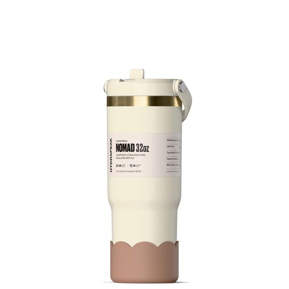 Hydrapeak Nomad 32 oz Tumbler with Handle and Straw Lid, Scallop Silicone Boot, Gold Trim, Leakproof, Double Insulated Stainless Steel Cup, Ivory