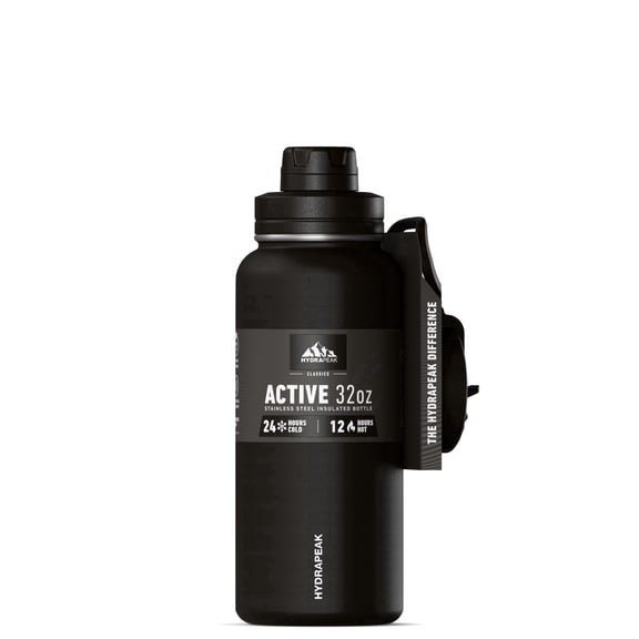 Hydrapeak Sport Insulated Water Bottle with Straw & Chug Lid, Leak & Spill Proof, Keeps Drinks Cold for 24 Hours, Hot for 12 Hours, Premium Stainless Steel Water Bottles (32oz, Black)