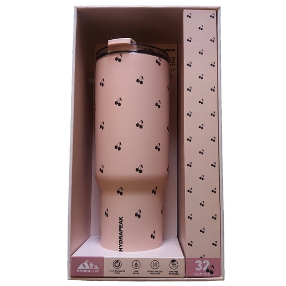 Hydrapeak Voyager 32 oz No Handle Insulated Tumbler with Straw Lid, Seashell Cherries (Light Pink with Black Cherries), Leakproof Stainless Steel - BPA-Free