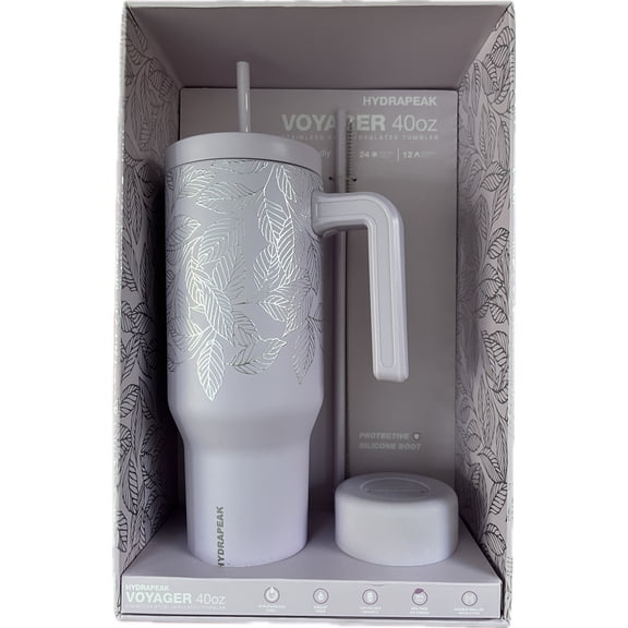 Hydrapeak Voyager 40 oz Tumbler Gift Set - Foil Leaves Blush, Insulated Stainless Steel with Handle & Straw Lid (Light Purple)