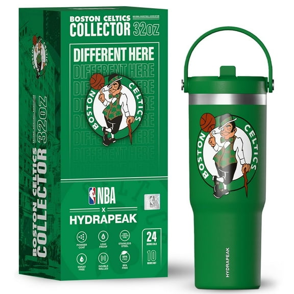 Hydrapeak x NBA Officially Licensed Boston Celtics 32oz Nomad Stainless Steel Tumbler with Handle and Straw Lid, Leakproof Water Bottle in Limited Edition Collector's Gift Box