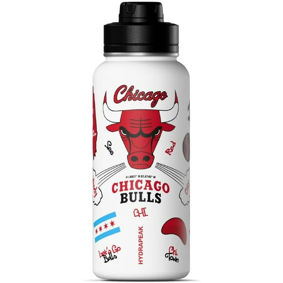 Hydrapeak x NBA Officially Licensed Chicago Bulls 32oz Active Water Bottle Chug Lid Stainless Steel Reusable Double Wall Celebrating The City Of Chicago