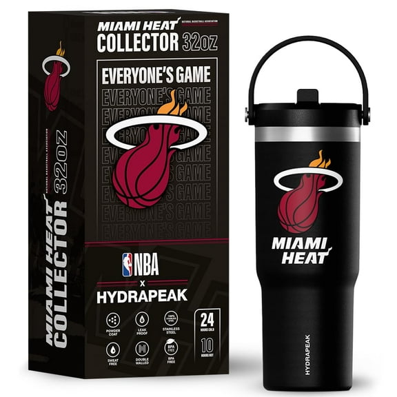 Hydrapeak x NBA Officially Licensed Miami Heat 32oz Nomad Stainless Steel Tumbler with Handle and Straw Lid, Leakproof Water Bottle in Limited Edition Collector's Gift Box